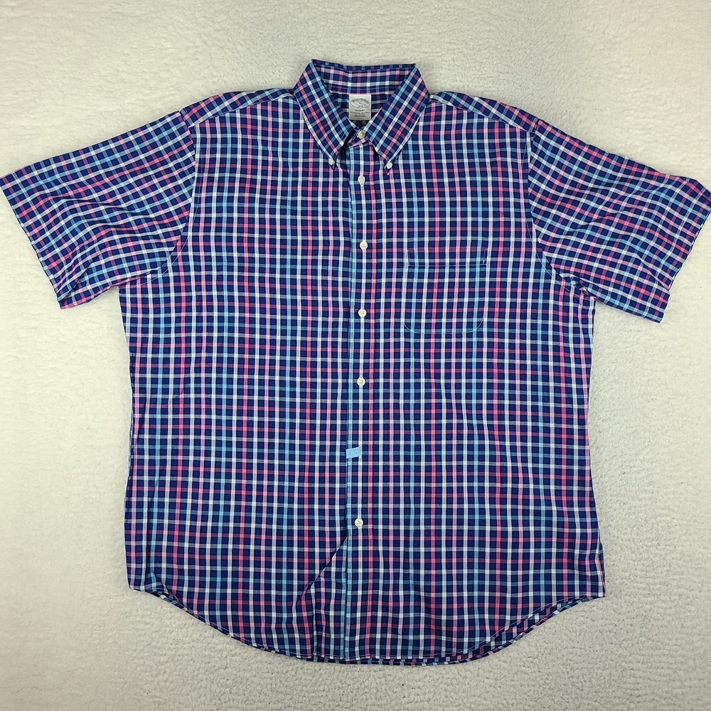 Brooks Brothers Shirt Mens XL Blue Purple Plaid Preppy Button Up Short Sleeve